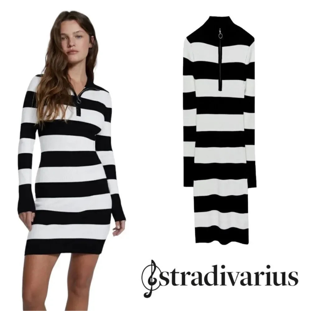 STRADIVARIUS | Navy/Ecru | STRIPED KNIT DRESS WITH ZIP